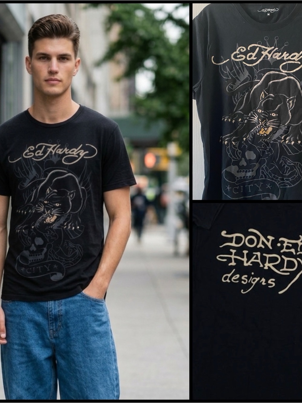 Ed Hardy Black Crouching Panther Tattoo Y2K Retro Graphic Goth Skull Shirt S